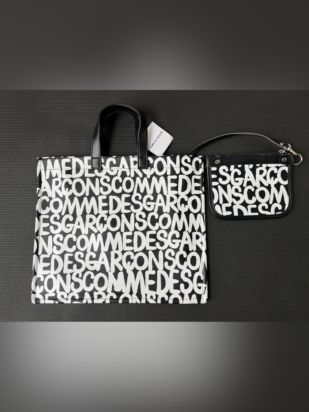 Comme des Garcons Black and White Allover Print Logo Tote